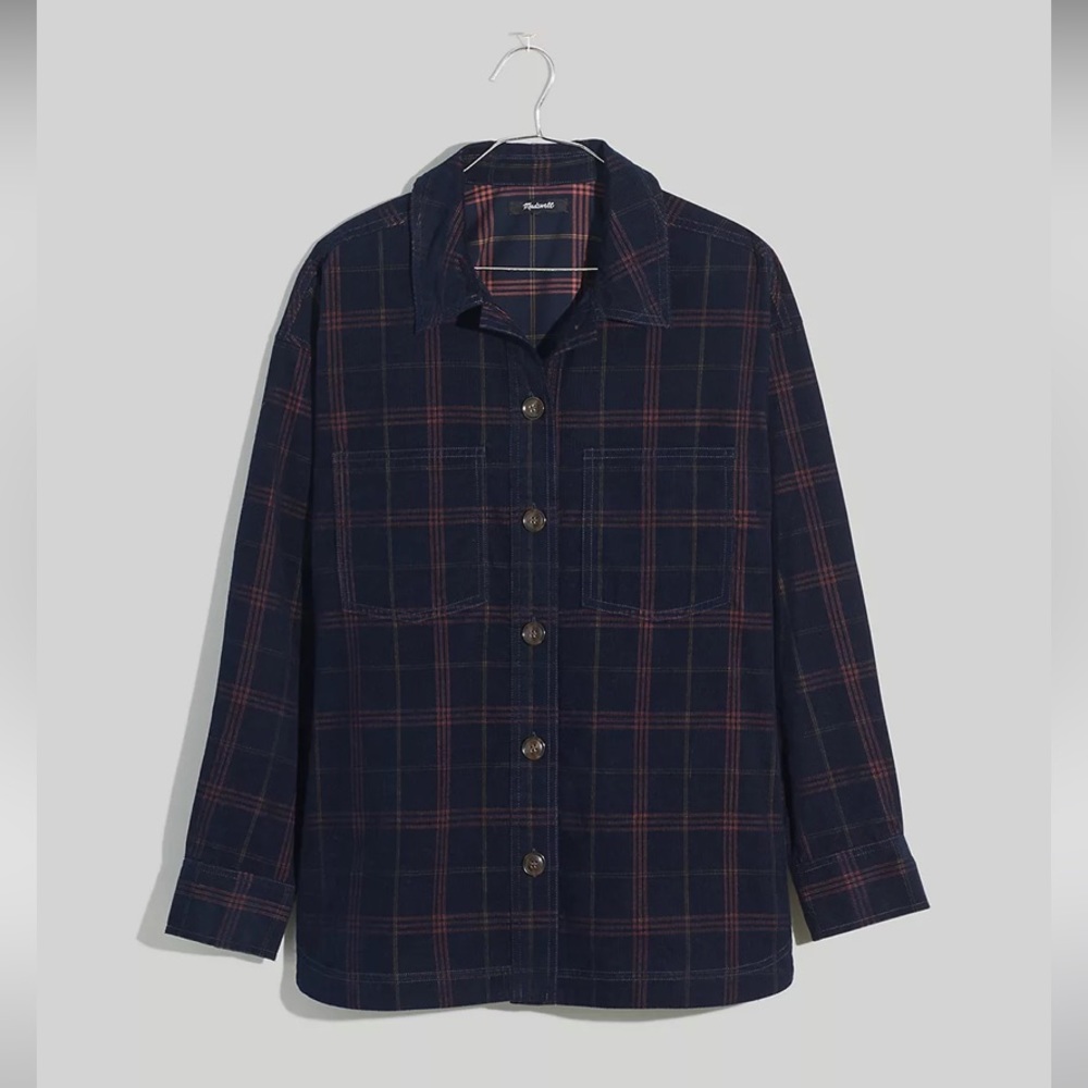 NWT Madewell Corduroy Plaid Oversized Shirt Jacket, Navy